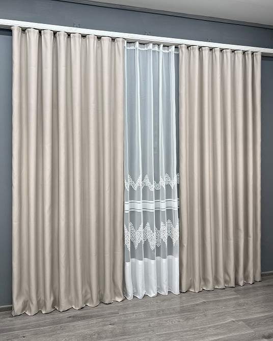 Комплект штор VR-Textil рогожка преміум TERRA LUXE 150х270 2шт і Тюль 600х270 1859ш-1706т Попелястий з молочним 71-186/5 Київ - фото 3