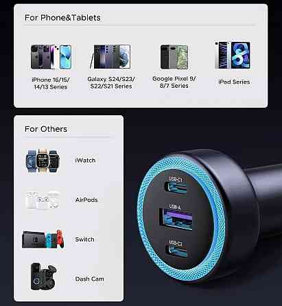 Автозарядка 3xUSB 30W (2xUSB-C + USB-A) QC 4.0 Сіра (EC307) UGREEN Винница