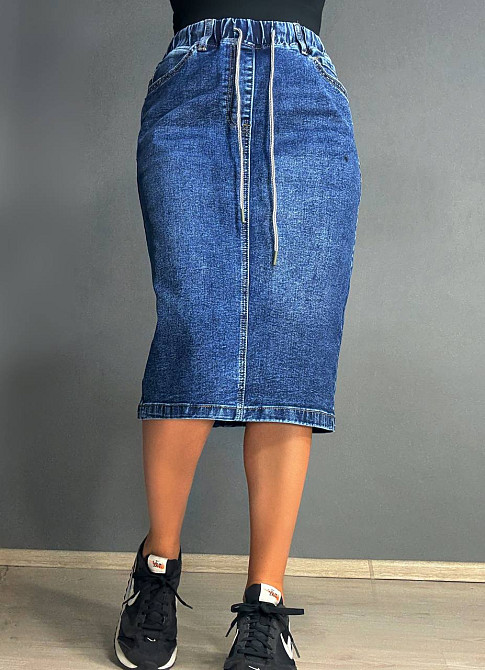 Юбка женская джинсовая ZJY 7031 большие размеры стрейчевая с разрезом на резинке синяя, синий, З8, 38, 105 см, 121 см Киев - изображение 1