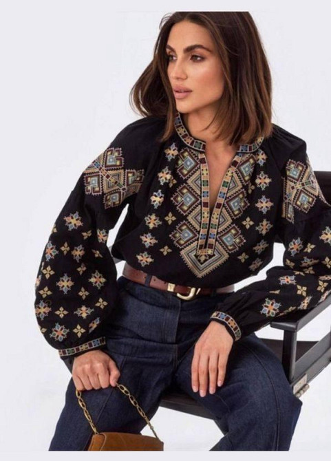 Женская современная вышиванка с объемным рукавом домотканый лен Черный, 46 Одесса - изображение 2