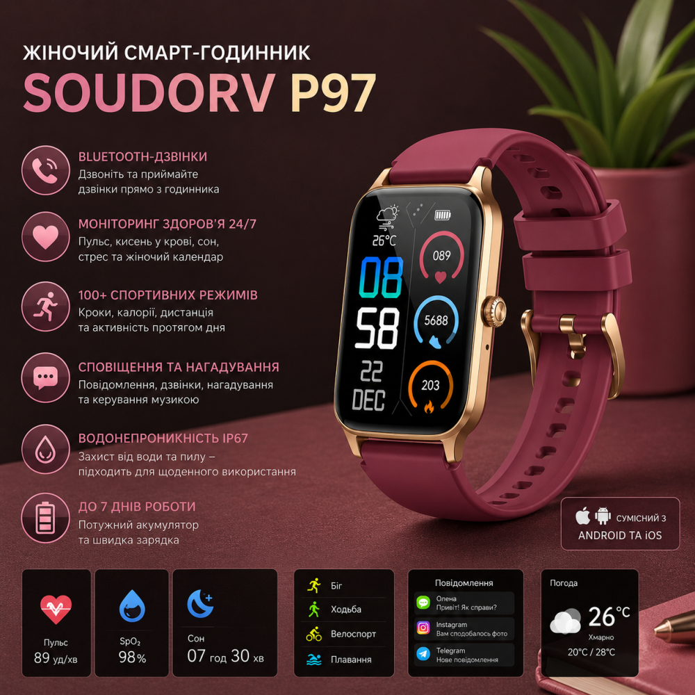 Жіночий смарт-годинник Soudorv P97 з Bluetooth-дзвінками | Фітнес-браслет, моніторинг здоров'я 24/7, Android та iPhone, золотий Київ - фото 18
