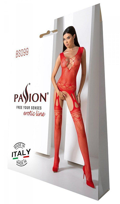 Бодістокінг з плетінням на грудях Passion BS099 One Size, red, відкритий доступ, імітація підв’язок Sex Aura Київ - фото 7
