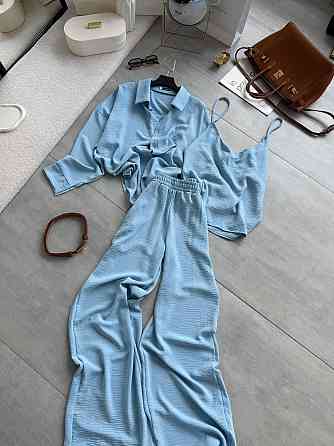 Жіночий легкий прогулянковий костюм-трійка: сорочка майка та штани креп жатка Блакитний, 48/50 Одеса