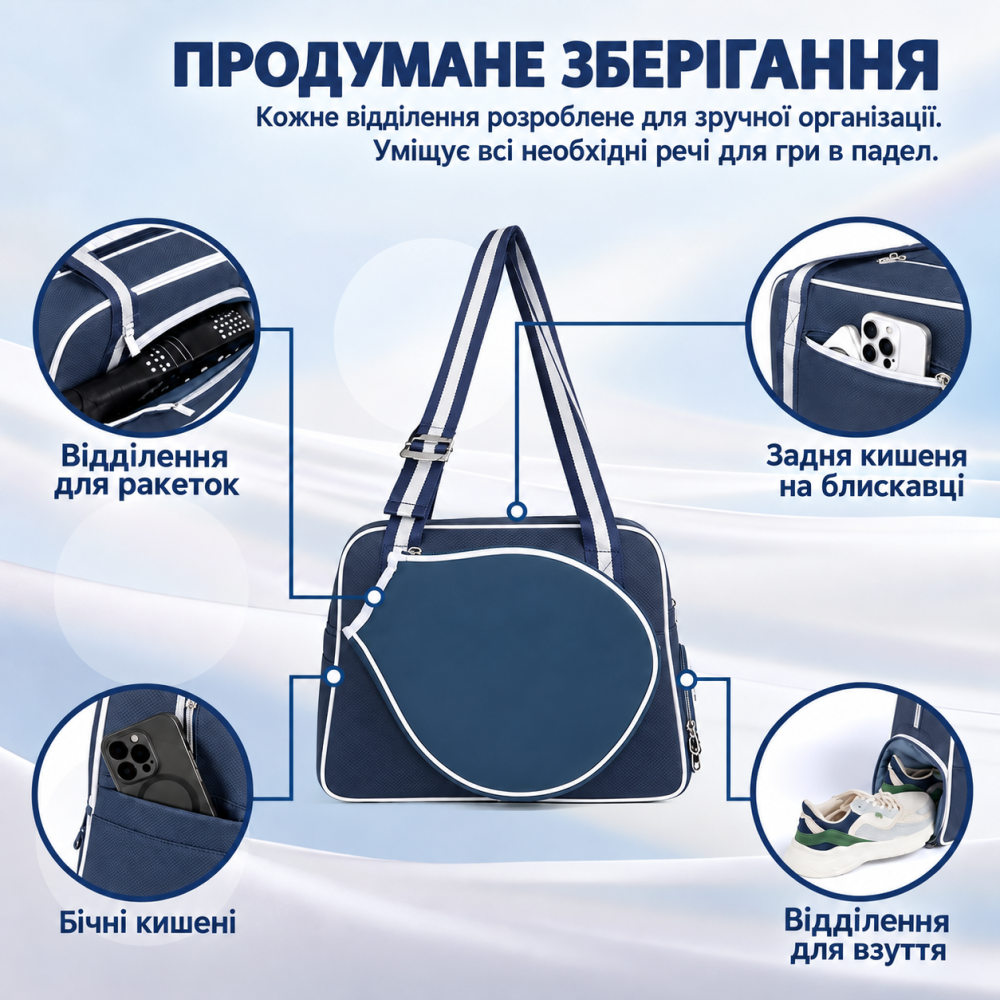 Сумка для падела тенисная для тренировки хранения формы, спортивного инвентаря на корте, серо-синий Q25-017_grey Каменец-Подольский - изображение 5