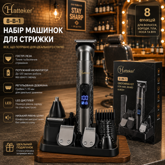 Набор для стрижки 8-в-1 Hatteker HT-609 Retro — Профессиональная машинка для волос, бороды и носа, 180 мин работы, Бронза Киев