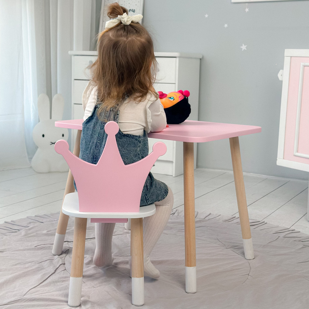 Стіл прямокутний 46х60х45 і стілець корона 26х26х24, столик та стільчик для дівчинки до 7 років, рожевий білим Київ - фото 5