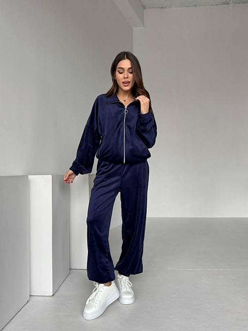 Жіночий прогулянковий костюм-двійка: кофта та штани з турецького велюру Синій, 46/48 Одеса - фото 8