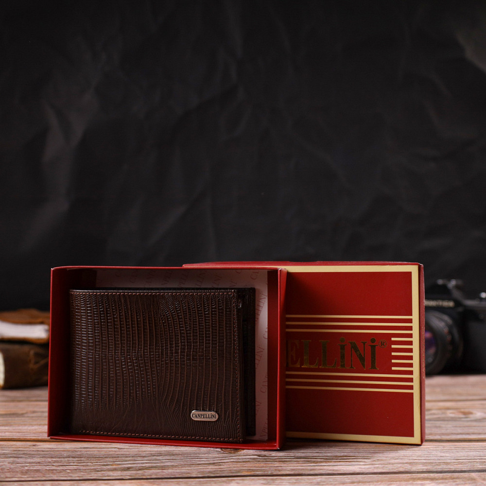 Стильный горизонтальный мужской бумажник среднего размера из натуральной фактурной кожи CANPELLINI 21864 Коричневый Киев - изображение 1