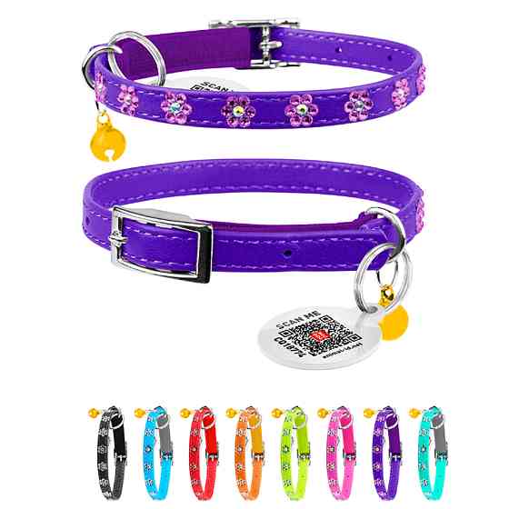 Нашийник WAUCAT Glamour з резинкою, клейовими стразами "Квітка" для котів (ширина 9мм, довжина Коломия