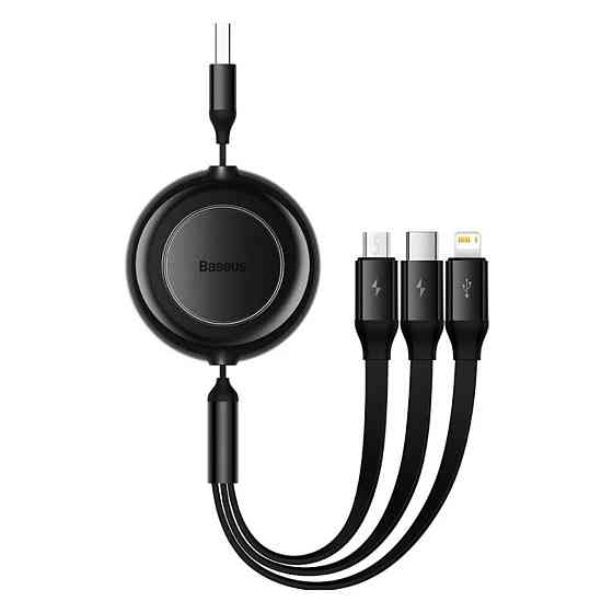 Кабель Baseus Free2Draw Retractable Crystal Fast Charging Data Cable USB to M+L+C 3.5A 1.1m Cluster Black Одесса