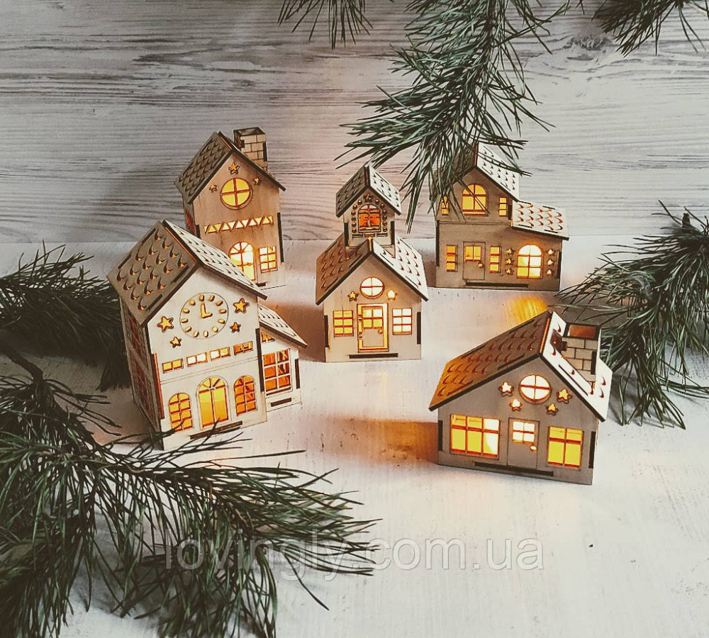 Новогодняя инсталляция “Сказочный городок” пять деревянных домиков с подсветкой Ирпень - изображение 3