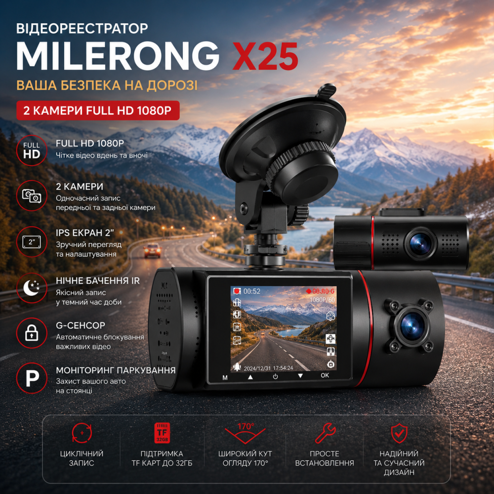 Відеореєстратор Milerong X25 Dual Dash Cam 2 камери Full HD 1080P, IPS-екран 2", нічне бачення IR, G-сенсор, моніторинг паркування Київ - фото 6
