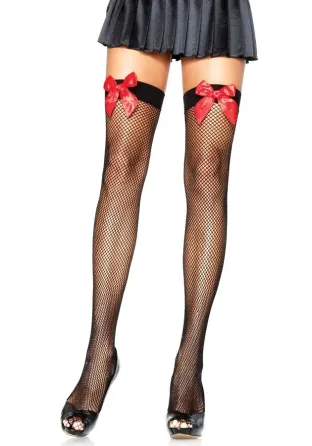 Панчохи-сітка з атласним бантиком Leg Avenue Fishnet Thigh Highs One size Black With Bow Red Львів