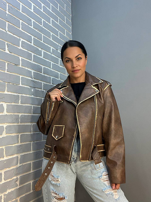 Куртка женская Aftf Basic 2456 косуха молнии пояс вареные швы экокожа коричневая, коричневый, L Киев - изображение 3