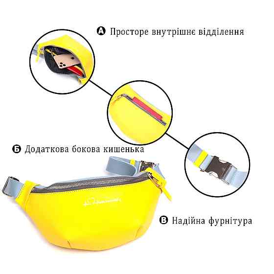 Патріотична шкіряна сумка-бананка комбі двох кольорів Серце GRANDE PELLE 16760 Жовто-блакитна Київ