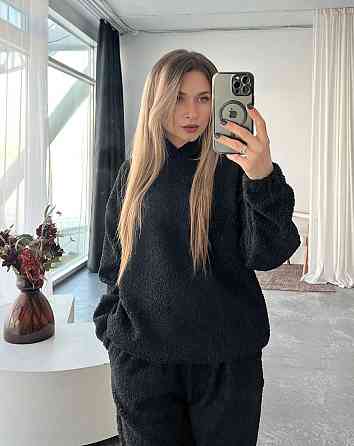 Женский теплый уютный костюм двойка: кофта и штаны барашек на флисе Черный, 46/48 Одесса