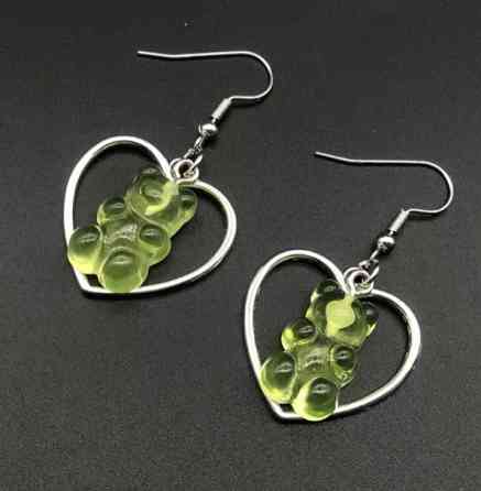 Серьги мармеладные мишки в сердечке салатовые - размер мишки 2,3*1,8см, смола Киев