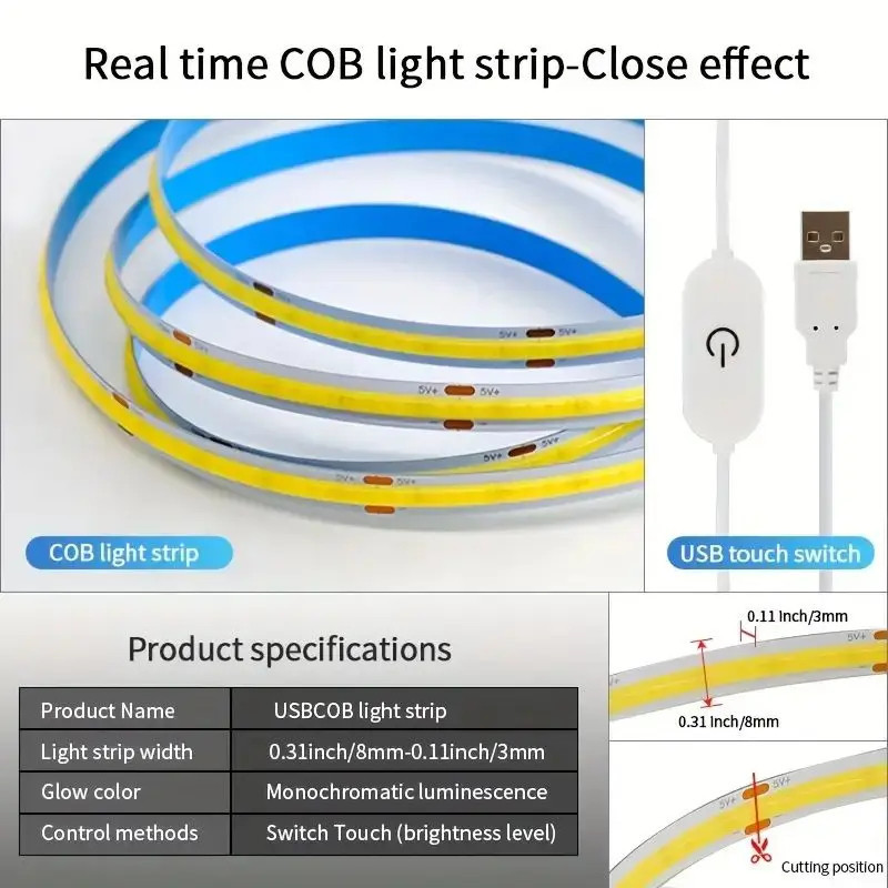 Гнучка USB COB LED стрічка ZYFYYDS 5V з тач-керуванням, 320 LED/м, холодне світло 6000K, самоклейка, розрізна, 5 м Миколаїв - фото 10