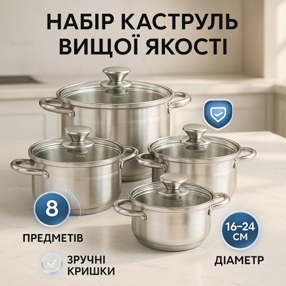 Кастрюли с прозрачными крышками, Набор кастрюль для приготовления с крышками, Комплект кастрюль MZ-49 Львов
