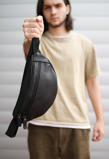 Чоловіча бананка, шкіряна сумка на пояс SL001 (Чорна) Суми - фото 3