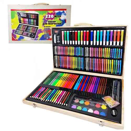 Набор художественный для рисования 220 предметов, деревянный кейс Винница