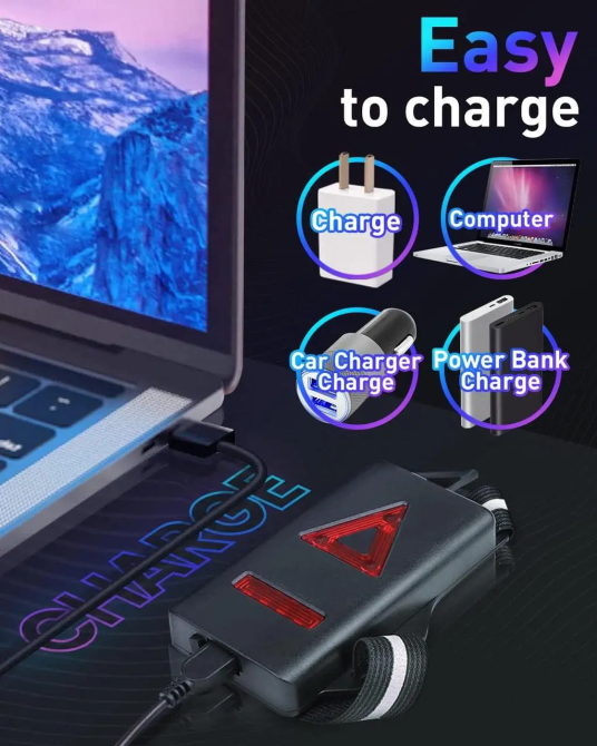 Нагрудний LED-ліхтар для бігу 2000 мА·год, USB, 3 режими, поворот 90°, задній червоний ліхтар, світловідбивні ремені Київ - фото 6