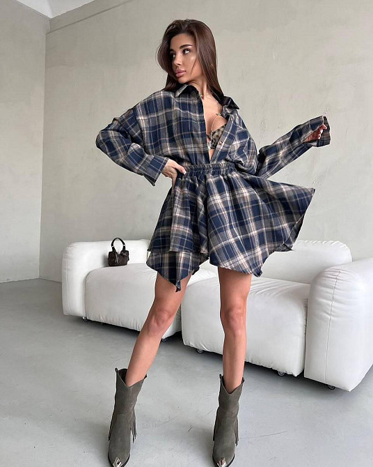 Женский стильный оверсайз костюм двойка: рубашка и юбка в клетку турецкая фланель Синий Одесса - изображение 1