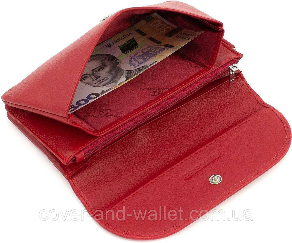 Красный женский кошелек-клатч из натуральной кожи с клапаном на кнопке ST 023 Red Киев - изображение 5