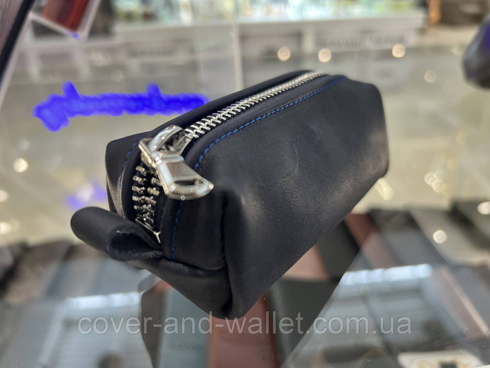 Містка ключниця бочка на блискавці з м'якої шкіри синього кольору PS Leather Київ - фото 2