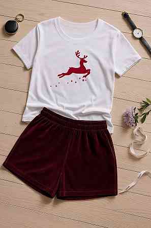 Жіночий домашній костюм-двійка з новорічним принтом турецький кулір бавовна + преміальний велюр Бордовий, 42/44 Одеса