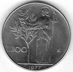 Богиня мудрости Минерва рядом с оливковым деревом. Монета 100 лир. 1946-2001 год, Италия. (Г) Полтава