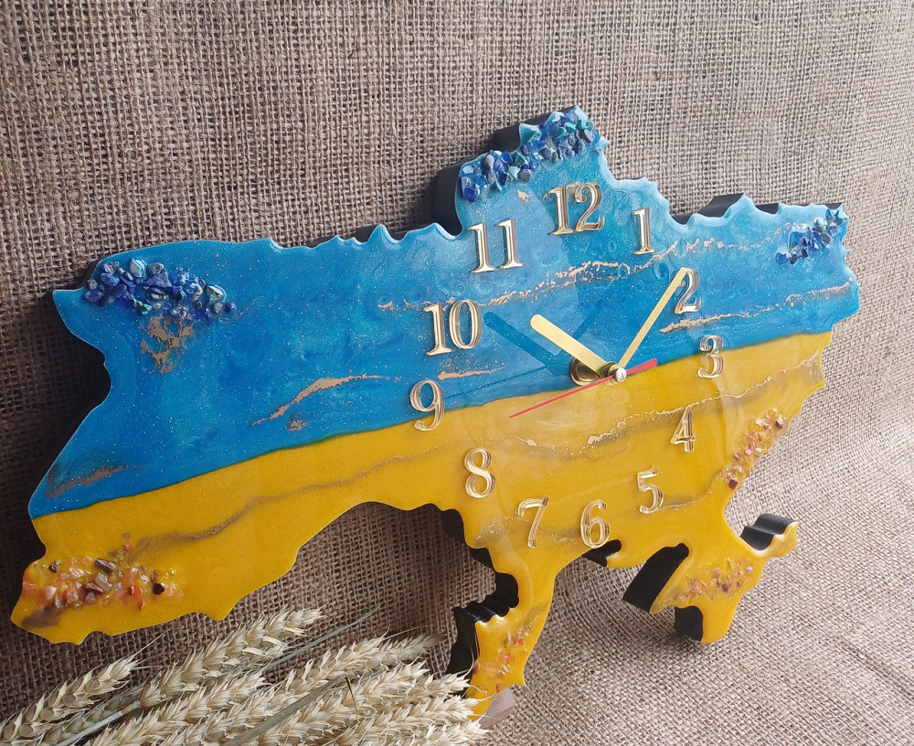 Настінний годинник з епоксидної смоли ручної роботи "Карта України" 40х25 см Дніпро - фото 3