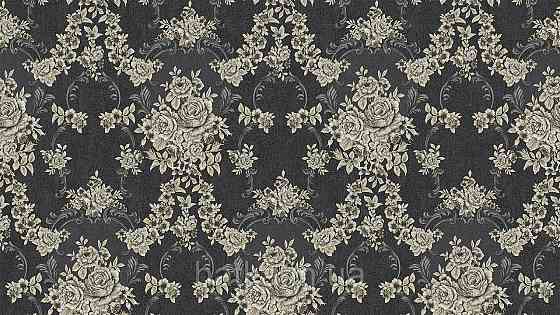 Шпалери метрові вінілові на флізеліні Sintra Classic класика квіти троянди завитки структурні срібло золото на чорному 445648 Київ