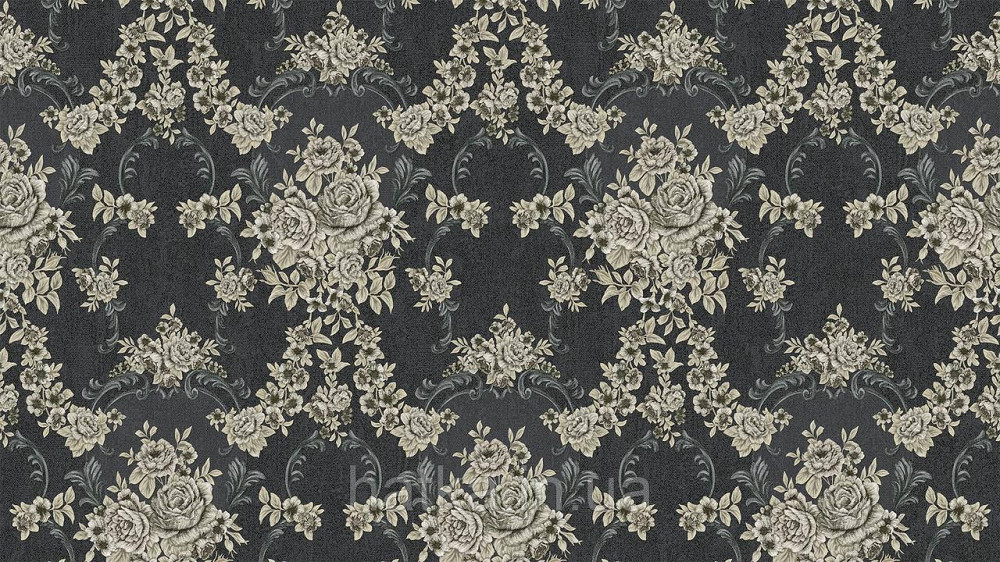 Шпалери метрові вінілові на флізеліні Sintra Classic класика квіти троянди завитки структурні срібло золото на чорному 445648 Київ - фото 1