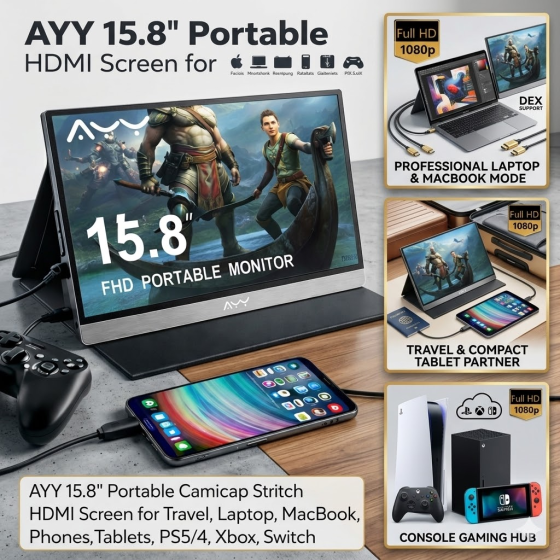 Портативний монітор AYY 15.8" FHD 1080P IPS HDR: Другий екран для MacBook, Ноутбука, PS5, Xbox, Switch + Чохол-підставка Київ