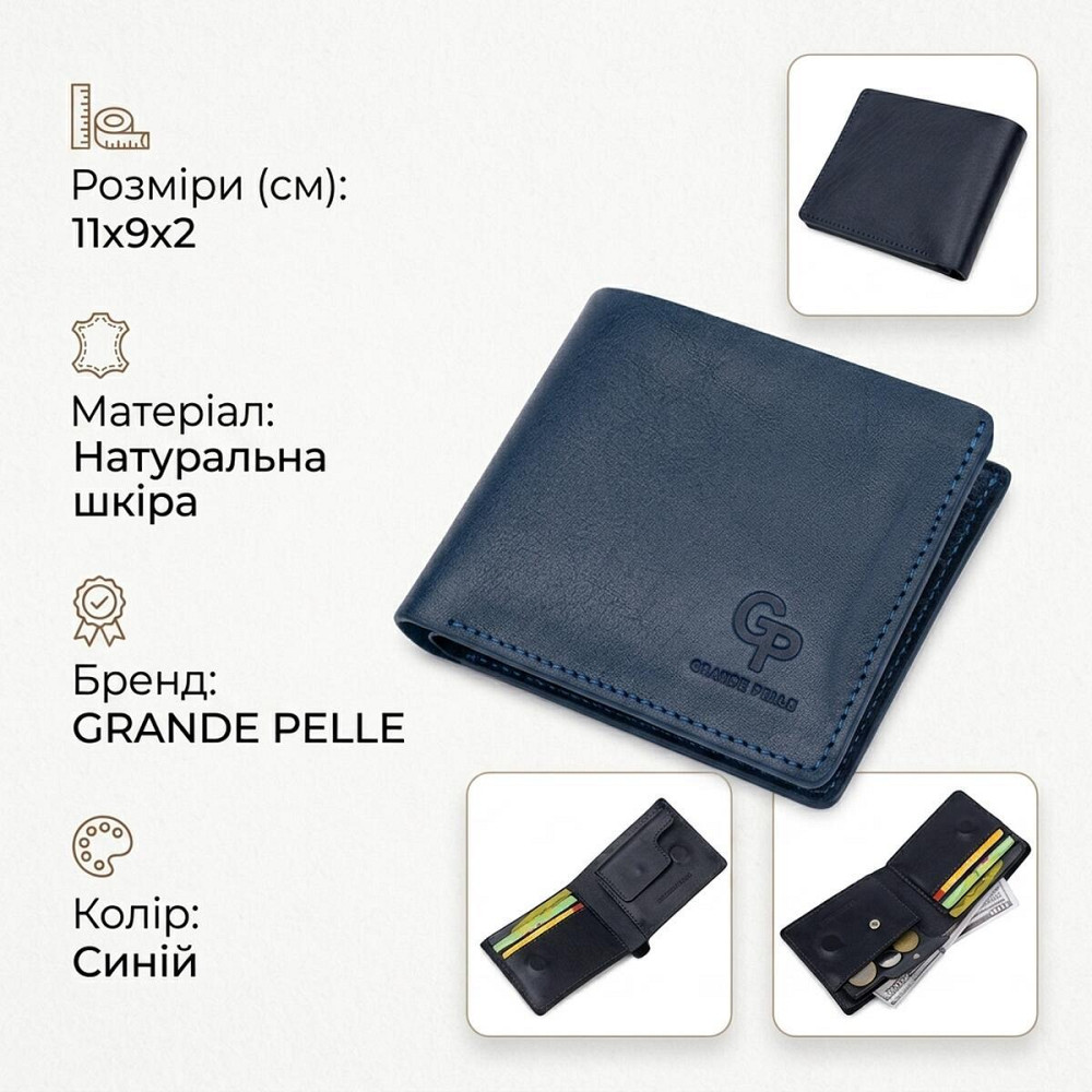 Кожаное мужское стильное портмоне GRANDE PELLE 11552 Синий Киев - изображение 13