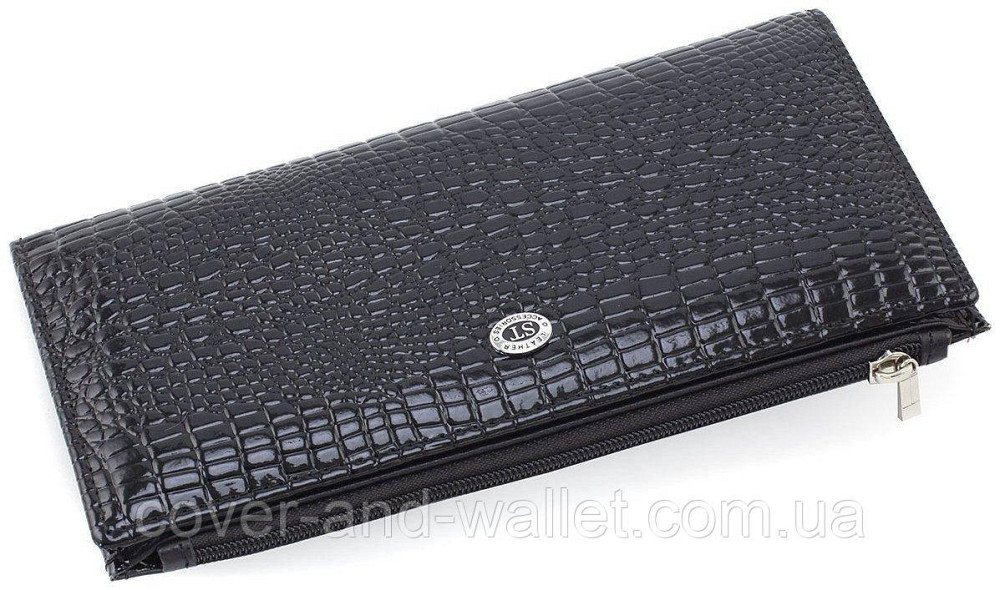 Тонкий женский кошелек для купюр и карточек черного цвета из лаковой кожи ST Leather 006 Киев - изображение 2