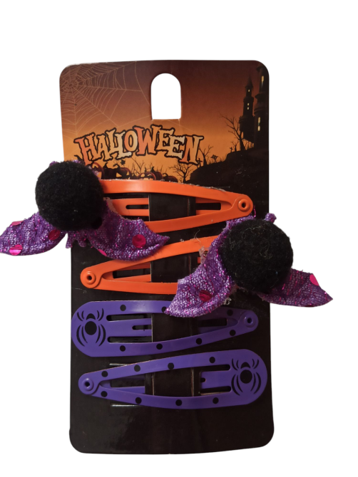 Набор 2 заколки оранжевые с летучей мышей и 2 заколки с принтом паук для волос на Хэллоуин фиолетовый Киев - изображение 3