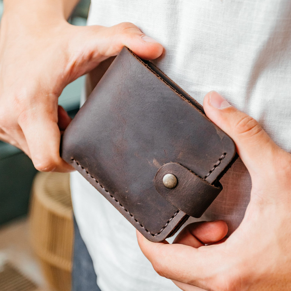 Гаманець чоловічий з натуральної шкіри Crazy Horse, місткий гаманець на кнопці, коричневийMasterSem Київ - фото 4