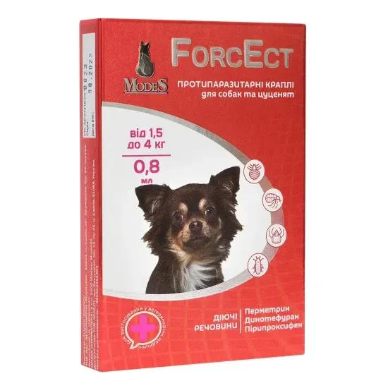 Протипаразитарні краплі ФорсЕкт ForcEct для собак та цуценят від 1,5-4 кг  (3 піпетки по 0,8 мл) від бліх та кліщів, ModeS Вінниця