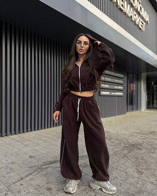 Жіночий стильний і теплий флісовий костюм-двійка Шоколад Одеса - фото 9