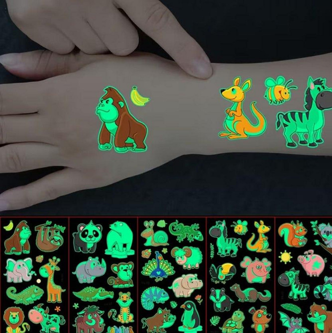 Набор из 5 шт. временных татуировок, светящихся в темноте | Детские водостойкие татуировки с животными, держатся 2-5 дней Киев - изображение 1