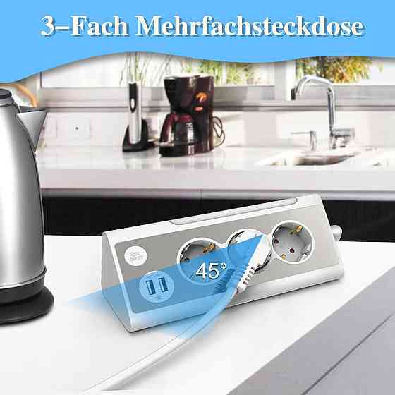 Подовжувач розетка настільна кутова 1.5 м, 3 євророзетки, 2 USB, LED-нічник, з нержавіючою панеллю,  Київ