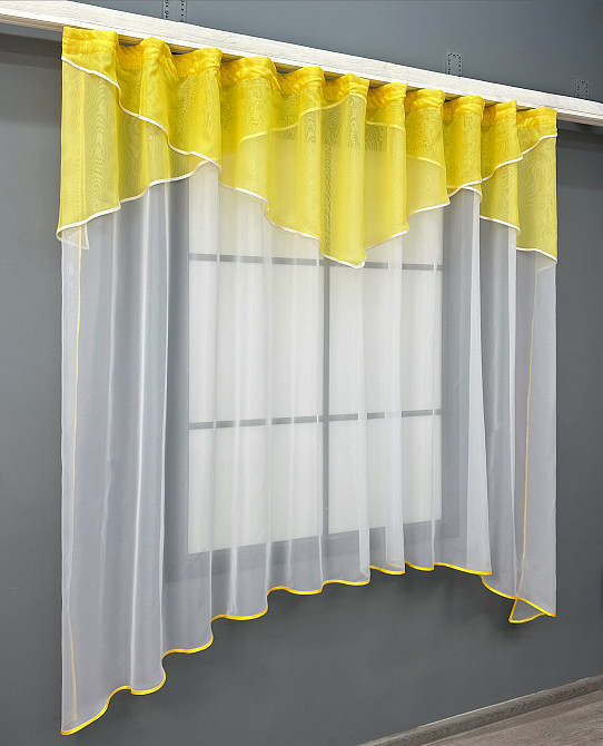 Кухонна тюль арка з ламбрекеном VR-Textil № 025к жовтий з білим 280х170 см (52-1218) Київ - фото 2