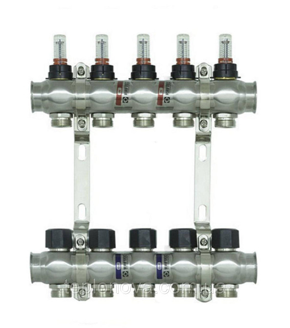 Колектор нержавійка на 5 пар виходів  "Raftec" RC-03 для Теплої Підлоги з розходомірами Чернівці - фото 1