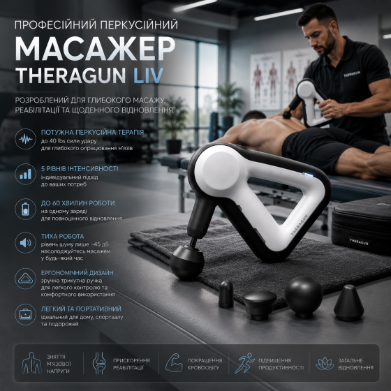 Перкусійний ручний масажер Theragun Liv для глибоких м'язів, професійний ударний масажний пістолет, Біло-Чорний Київ