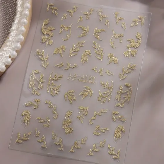 3D золоті наклейки для нігтів – блискучі листочки і гілочки, самоклейний декор для манікюру Київ