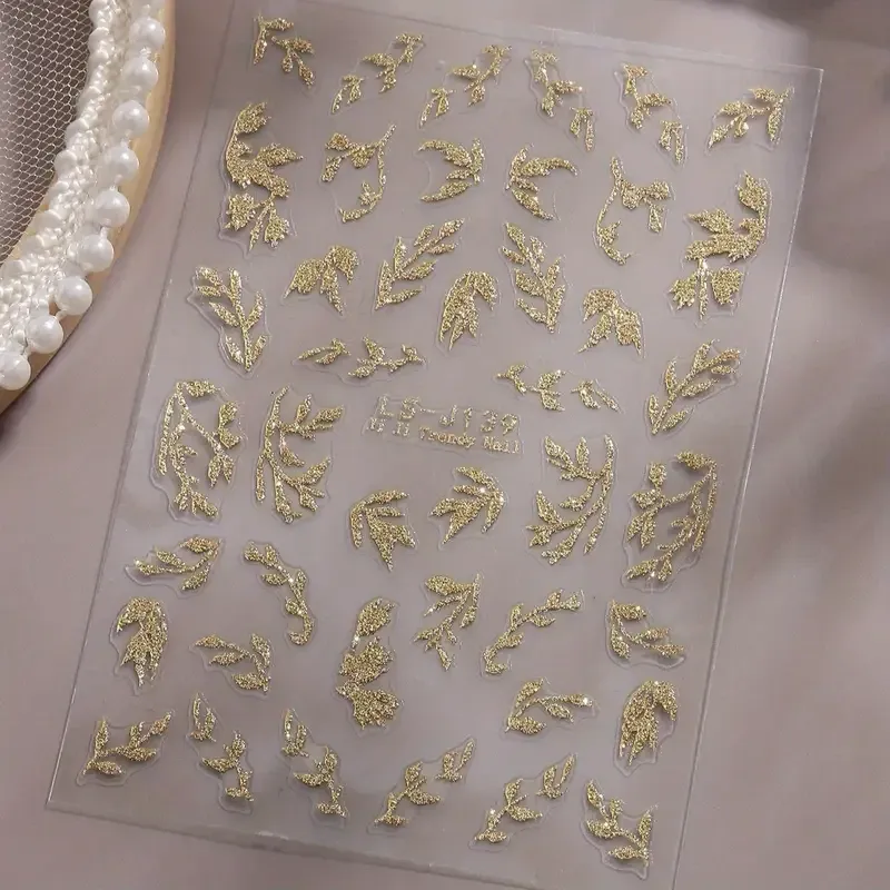 3D золотые стикеры для ногтей – блестящие листья и веточки, самоклеящийся декор для маникюра Киев - изображение 3