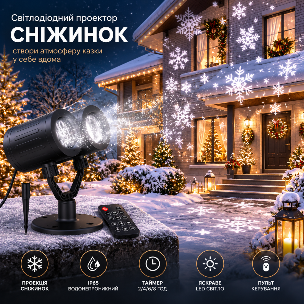 Світлодіодний проектор сніжинок Borelor SnowLight IP65, LED різдвяна ілюмінація для дому та вулиці, пульт, таймер, водонепроникний Київ - фото 8
