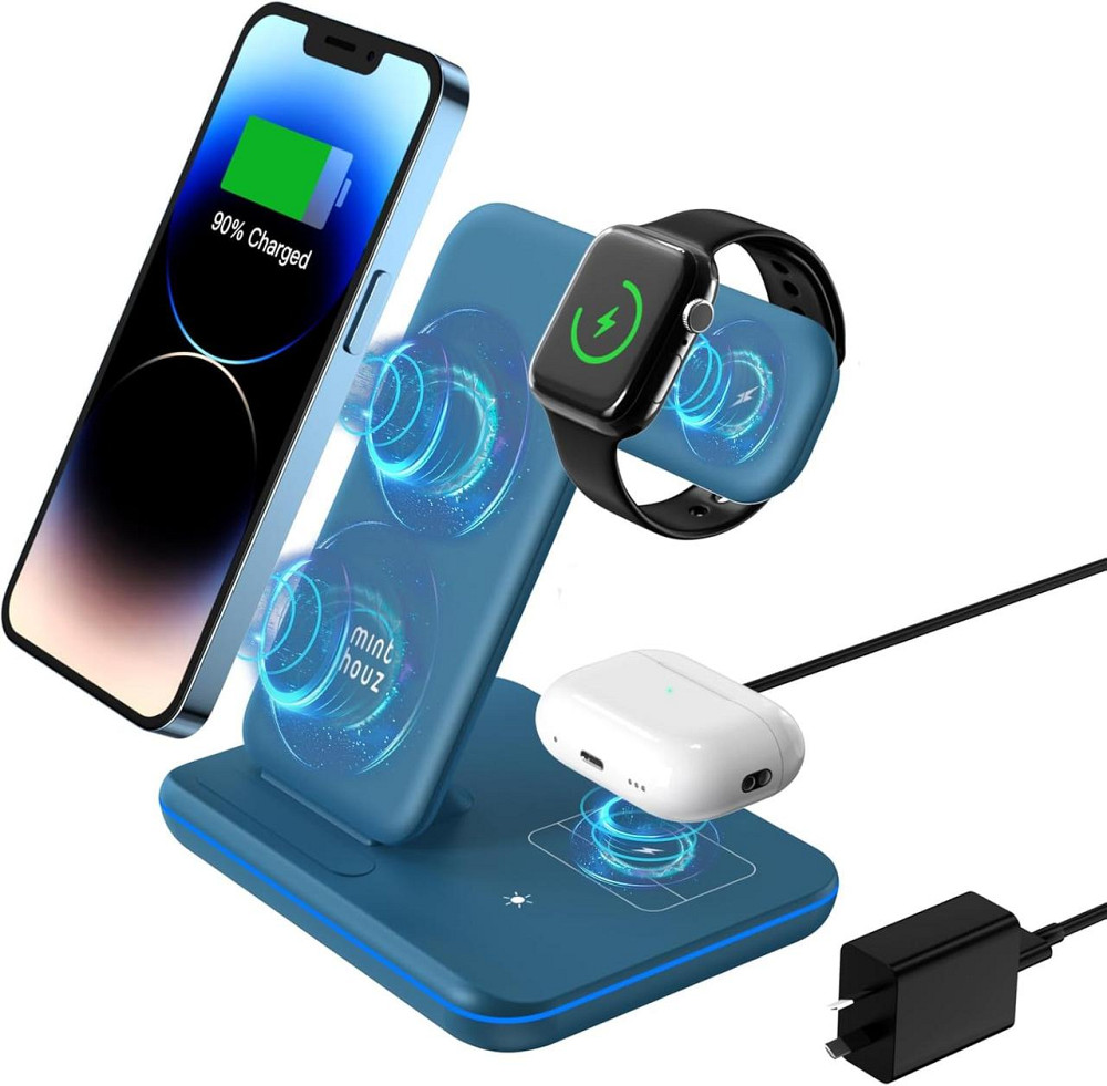 Бездротова зарядна станція 3в1 Minthouz, 18W, для iPhone, Apple Watch, AirPods, QC3.0, Type-C, синя Київ - фото 1